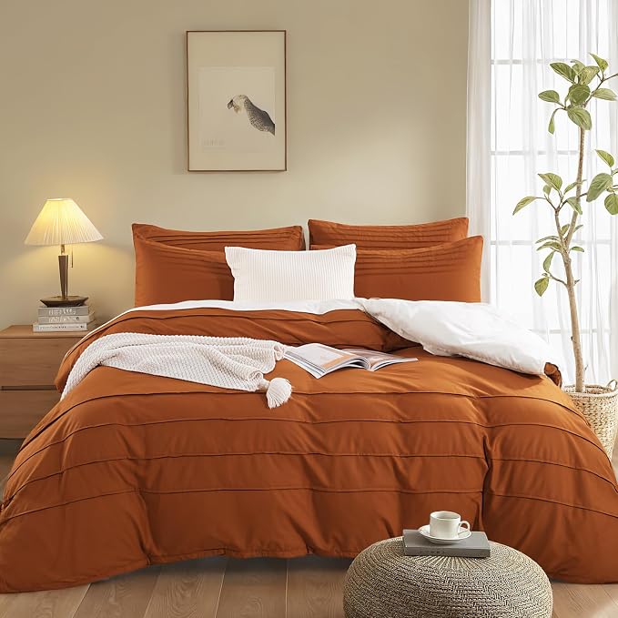 NEXHOME PRO 100% Organic Cotton Duvet Cover Overd King, Linen Like Pleated Textured Terracotta Burnt Orange Duvet Cover Set, 3pc Bedding Set with Zipper Closure, Soft,120"x98", No Comforter