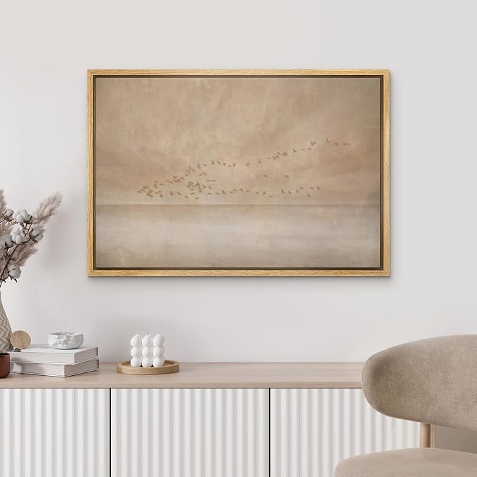 MUDECOR Framed Canvas Print Wall Art Minimalist Flock of Birds Over Neutral Landscape Illustrations Minimalism Decorative Bohemian Zen for Living Room, Bedroom, Office - 24"x36" NATURAL