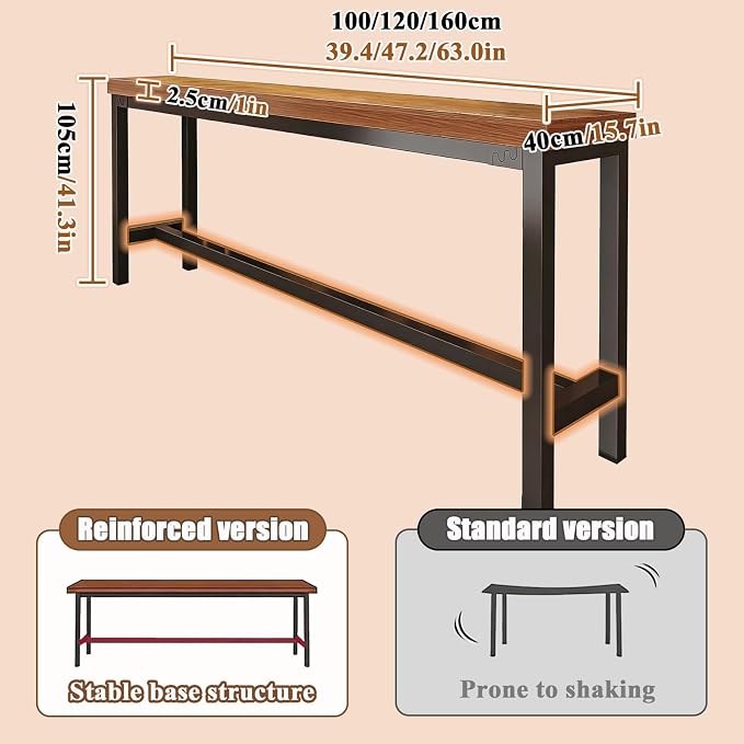 Narrow Bar Table for Small Spaces Industrial Rectangular Counter Height Table Retro Brown Wood Panel & Black Metal Frame Breakfast Bar Table for Apartments, Kitchen, Entryway Brown L39.4×W15.7×H41.3in