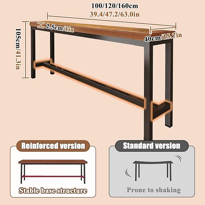 Narrow Bar Table for Small Spaces Industrial Rectangular Counter Height Table Retro Brown Wood Panel & Black Metal Frame Breakfast Bar Table for Apartments, Kitchen, Entryway Brown L47.2×W15.7×H41.3in