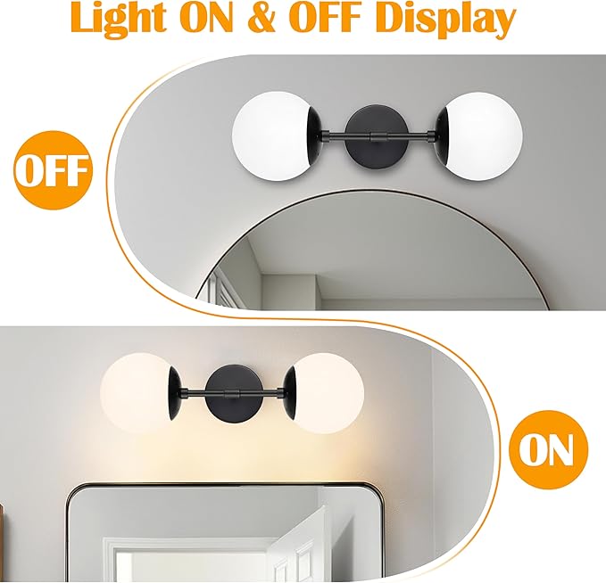 KoKo&Yukina Mid Century Modern Bathroom Matte Black Bathroom Vanity Light Fixtures Globe Sconce 2 Light Vanity Light Gold Vanity Light Mid Century Wall Sconce