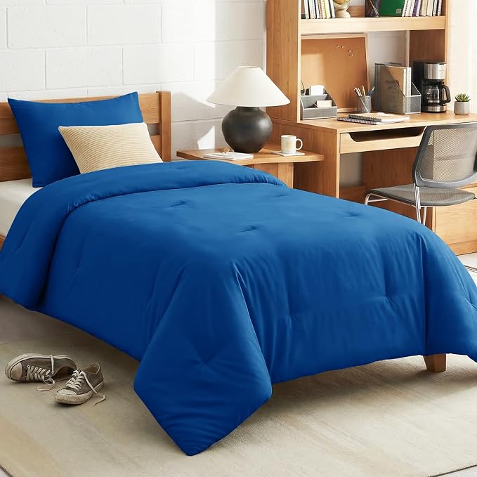 CozyLux Twin Comforter Set College Dorm Essentials, 2 Pieces Classic Blue Twin Extra Long Solid Bedding Set, Twin XL Bed Set with Down Alternative Comforter and 1 Pillowcase, Back to School Room Gift