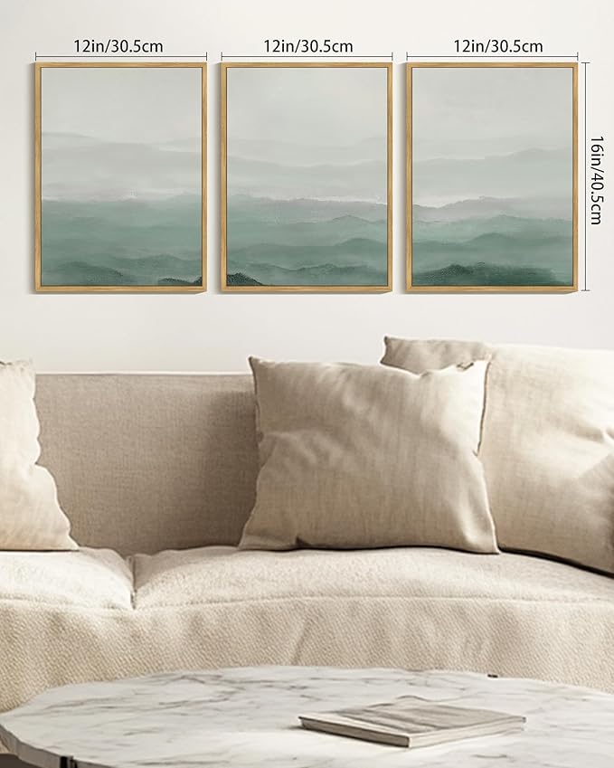 KUVIOKE Green Watercolor Mountains in Fog Framed Canvas Wall Art Wilderness Nature Landscape Artwork Painting Boho Rustic Scenic Relax Cool Room Decor for Bedroom Living Room 12x16in (Natural Framed)