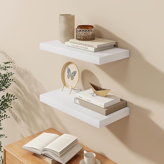 Fun Memories 24 Inch Floating Shelves in White, 9.3 Inch Deep Floating Shelf for Bathroom Living Room Kitchen, Rusitc Wall Mounted Bathroom Shelves 2 Pack, Heavy-Duty Deep Shelf for Books Decor
