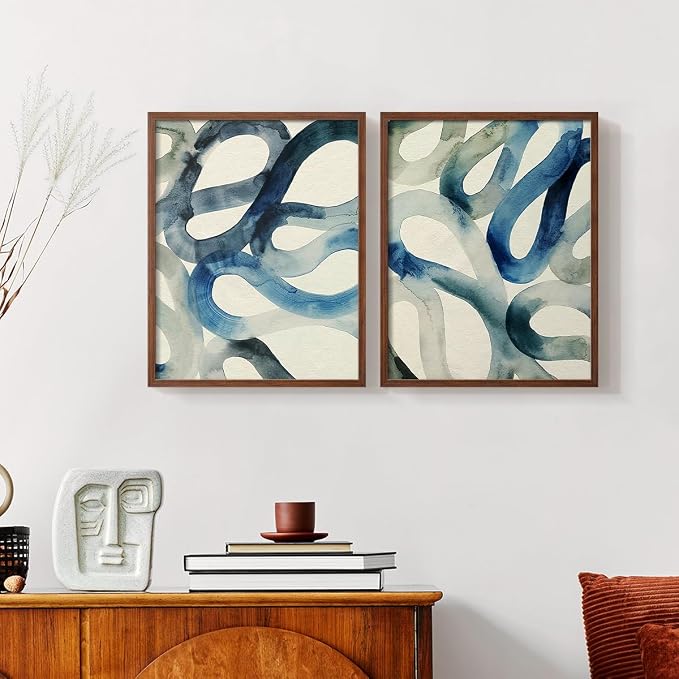 Renditions Gallery Set of 2 Peel & Stick Framed Prints, Watercolor Abstract Wall Art, Aquatic Water and Sand Strokes Wall Decor, Re-Stickable - Ready to Hang - 16"x20" - Walnut Frame LT588