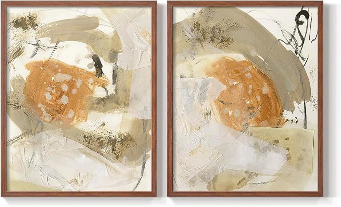 Renditions Gallery Set of 2 Peel & Stick Framed Prints, Neutral Abstract Wall Art, Earthy Tones Blended Brushstrokes Wall Decor, Re-Stickable - Ready to Hang - 16"x20" - Walnut Frame LT588