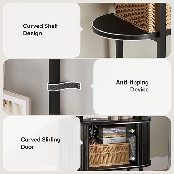 Airynee 69'' Tall Bookshelf, 4-Tier Fluted Bookshelf, Storage Cabinet with Sliding Tambour Doors, Modern Bookcase with Adjustable Footpad & Metal Frame, for Living Room Home Office, Black