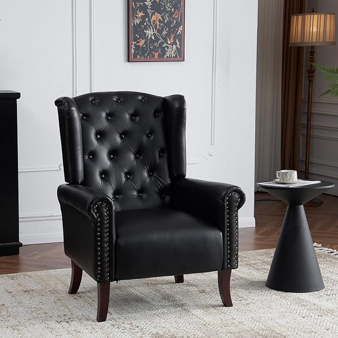 MOJAY PU Leather Accent Chair, Mid-Century Living Room Sofa Chair, Upholstered Arm Chair with Sturdy Wooden Legs, Faux Leather Club Chair for Bedroom Study Home Office Reception (Black)