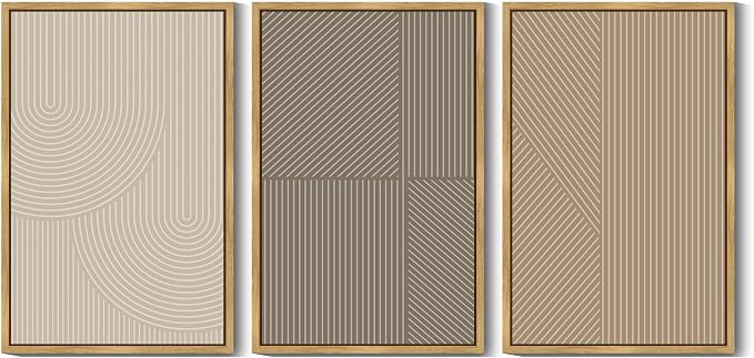 KUVIOKE Minimalist Abstract Bohemian Framed Wall Art Modern Boho Neutral Line Wall Decor Geometric Artwork Bedroom Dining Room 24x36in (Natural Framed)