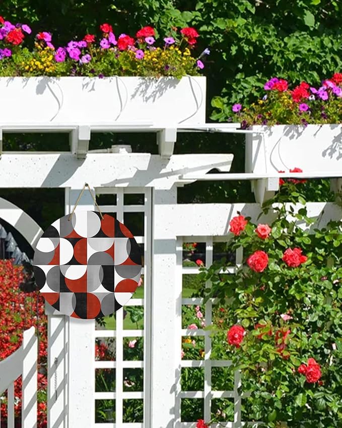 Welcome Sign for Front Door Mid Century Geometric Wood Door Hanger for Outdoor Outside Porch,12 Inch Round Wooden Wreath Indoor Wall Hanging Decoration, Abstract Modern Red