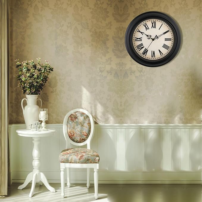 Plumeet Small Retro Wall Clock, 10'' Non Ticking Classic Silent Vintage Wall Clocks Decorative Kitchen Living Room Bedroom, Roman Numerals, Battery Operated, Black