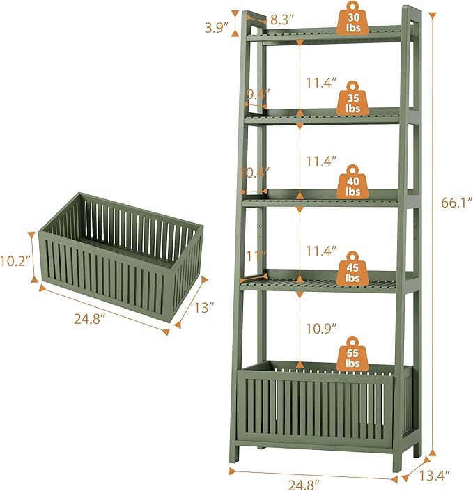 Bamjoy Bamboo Ladder Bookcase, Bookshelf with 4 Display Shelves and 1 Open Storage Basket, Storage Rack Organizer for Home Office, 66” H Forest Green