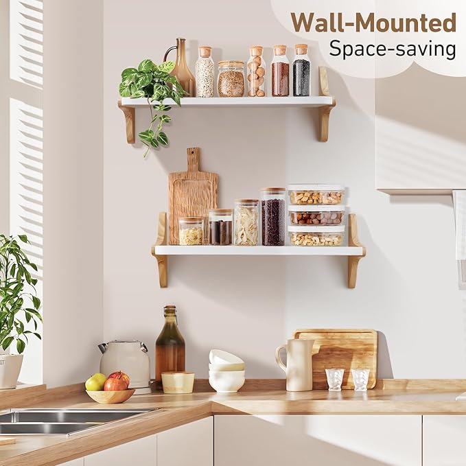 Wooden Floating Shelves for Wall, 23.6" W x 6" D x 0.8" H Large Wall Shelves, Hanging Storage Shelf with Sturdy Brackets for Living Room, Kitchen, Bathroom, Bedroom Decor, Walnut, 2 Packs