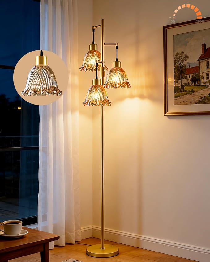 3-Light Modern Glass Floor Lamp, Gold Standing Tall Lamp with Amber Glass Shade for Reading, Dimmable LED Floor Lamp with 5Lbs Heavy Base for Living Room Bedroom Home Decor, Bulb Included