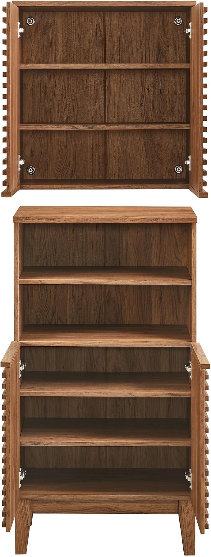 Modway Render Bathroom Cabinet Set in Walnut - Freestanding Linen Cabinet and Wall Mounted Storage with Slatted Doors, Adjustable Shelves