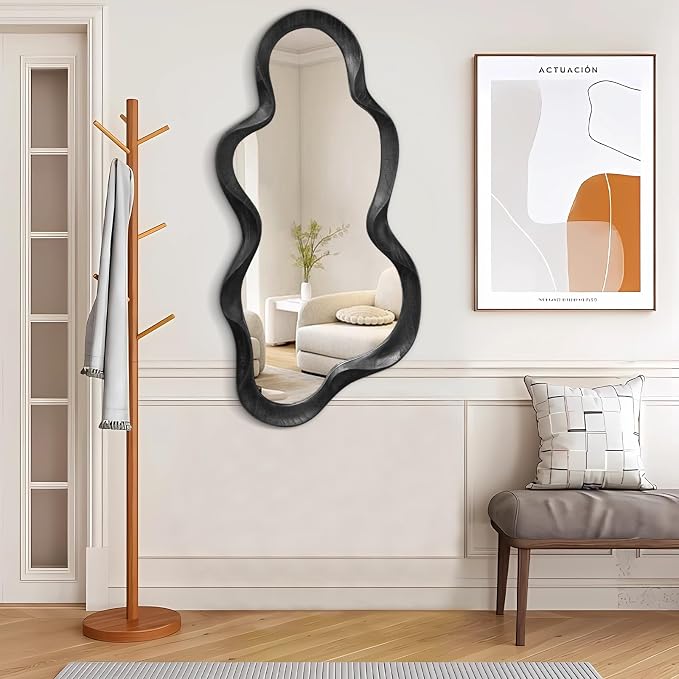 Irregular Wooden Framed Wall Mirror Modern Asymmetrical Cloud Hanging Mirror Artistic Mirror Decor Bathroom Vanity Bedroom Living Room Entryway Hallway Large 47" x 22" Black