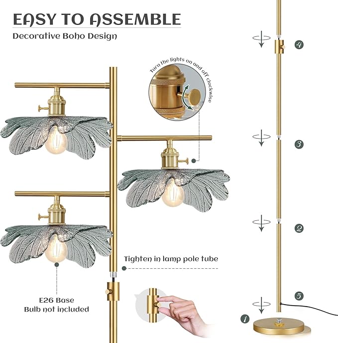 Dimmable Floor Lamp Farmhouse Floor Lamps for Living Room, Antique Brass Tree Lamp Standing Lamp Tall Lamps with Dark Green Glass Shade, Gold Flower Floor Light for Bedroom Corner Study Office