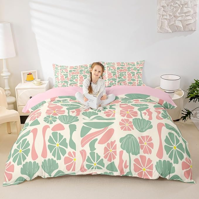 Erosebridal Retro Abstract Boho Floral Bedding Set King Mid Century Modern Duvet Cover Pink Green Flower Patchwork Geometric Comforter Cover for Kids Adults,Vintage Retro Botanical Bed Set
