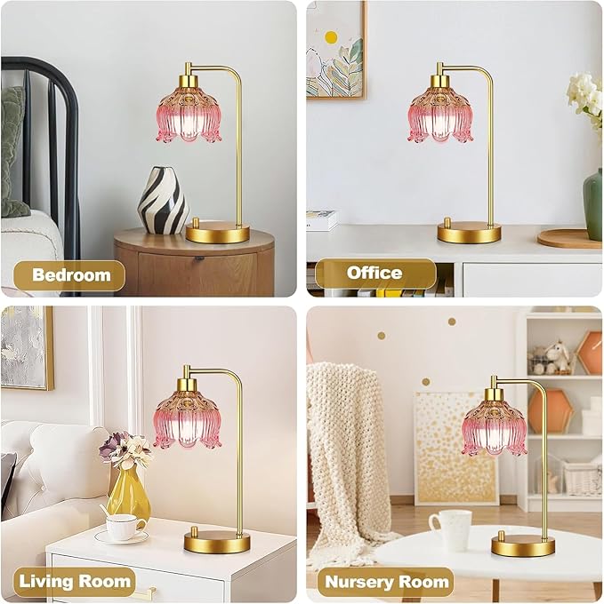 Pink Table Lamp Set of 2,Small Gold Bedside Lamps Dimmable Boho Bedroom Lamp with Tulip Flower Glass Lamp Shade,Vintage Mid Century Modern Mini Nightstand Lamp for Bedroom Living Room