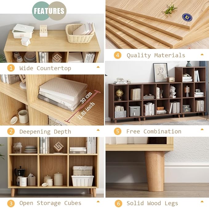 IOTXY Open Cube Low Bookcase - 3-Tier Freestanding Storage Display Cabinet Organizer with Legs for Home Office, 6-Cubes Open Shelf Short Bookshelf, Walnut