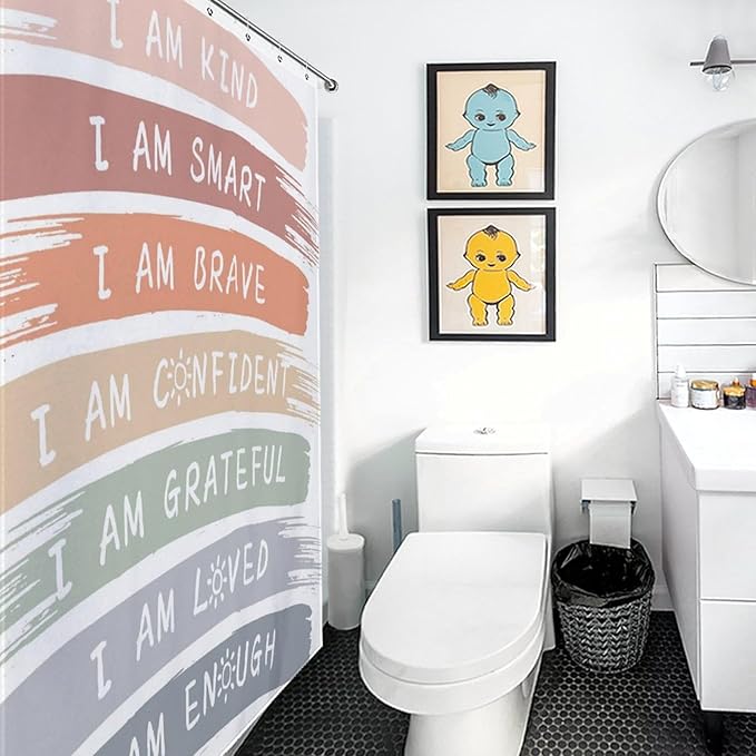 Boho Rainbow Shower Curtain, Cute Inspirational Motivational Quotes Cartoon Rainbow Colorful Pastel for Kids Girls Baby Waterproof Fabric Bathroom Shower Curtain Set with Hooks,72"x72" Inch