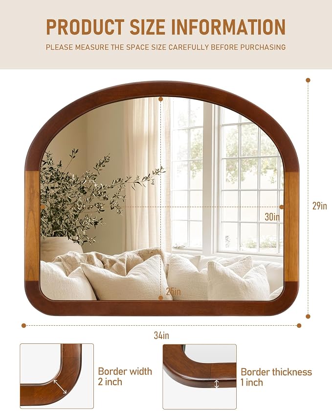 Arched Mirror 34 x 29 Inch,Brown Wood Rustic Bathroom Tempered Wall Mirror with Wood Frame,Round Corner Arch Farmhouse Wooden Vanity Mirror for Living Room,Entryway or Bedroom（Walnut Brown）