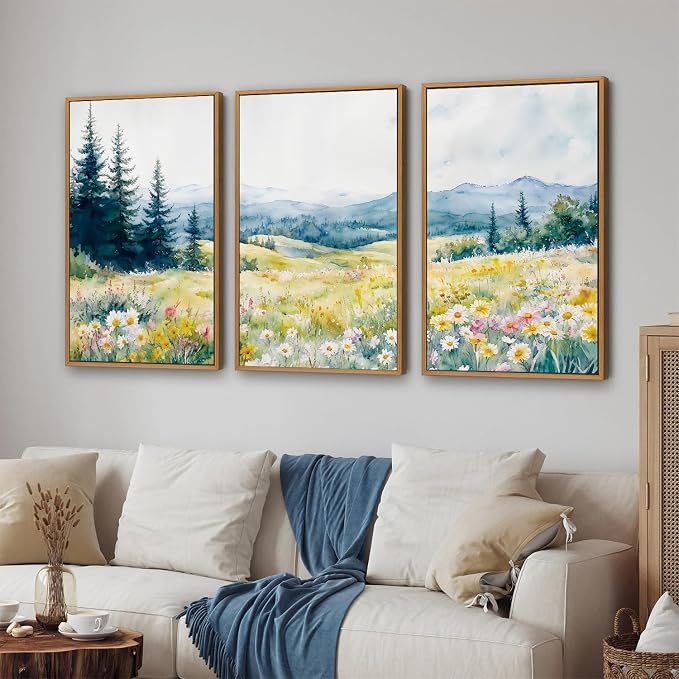 KaiWithYuan Watercolor Mountain Woodland Framed Canvas Wall Art, Nature Pine Tree Forest Wall Decor, Modern Daisy Flower Art Paintings, Cozy Meadow Artwork for Bedroom Living Room Office 16"x24"x3
