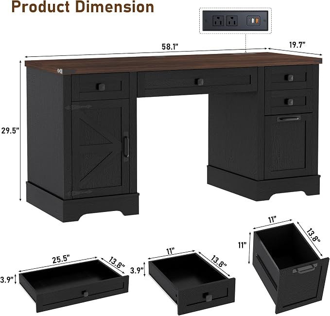 Squireewo 58'' Farmhouse Home Office Desk with Drawers, Wooden Executive Desk with Charging Station, File Drawers and Storage Cabinet, Computer Desk for Work, Study and Writing, Black