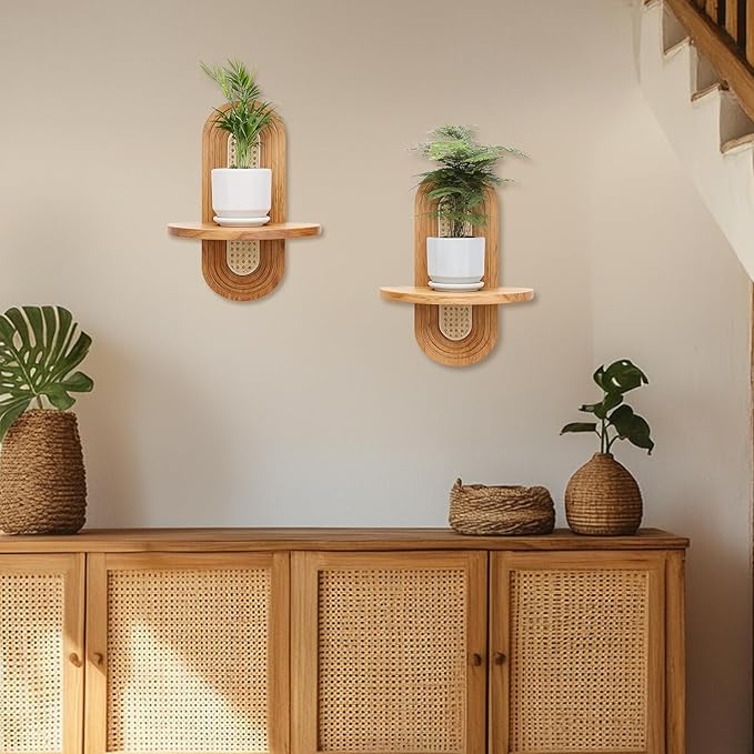Floating Shelves for Wall, Boho Rattan Shelf Set of 2, Unique Small Decorative Shelf Wall-Mounted, Nature Wood Shelves for Living Room,Bedroom,Nursey Room (Natural)