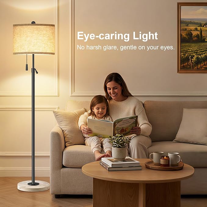 Floor Lamp for Living Room, Floor Lamp with Remote Control, Adjustable Height Modern Standing Lamp with Marble Base & Linen Shade, Dimmable Tall Floor Light for Bedroom, Reading Black