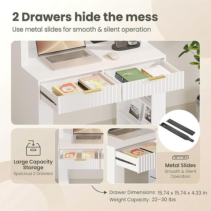 Arched Desk for Home Office, Computer Desk with 2 Drawers & Hutch, Wood Writing Desk with Power Outlets, 3 Color LED Lights, Side Open Shelves, Modern Fluted Design, 35.4" W x 70.8" H (White)