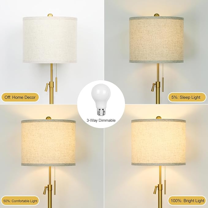 Qingmiao Modern Floor Lamp for Living Room, Adjustable Height Standing Lamp with Marble Base, Gold Tall Pole Light with Linen Shade for Reading Bedroom, Chain Switch, 8W 3-Way Dimmable Bulb Included