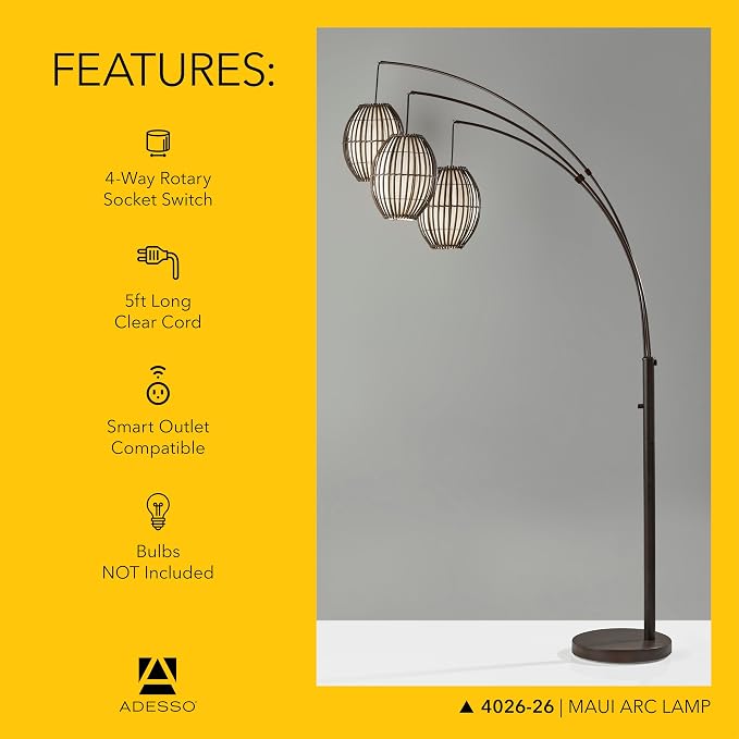 Adesso Maui Arc Floor Lamp with 3 Movable Shades & Adjustable Height- Perfect Lighting for Bedroom, Living Room and Corner Decor, Antique Bronze