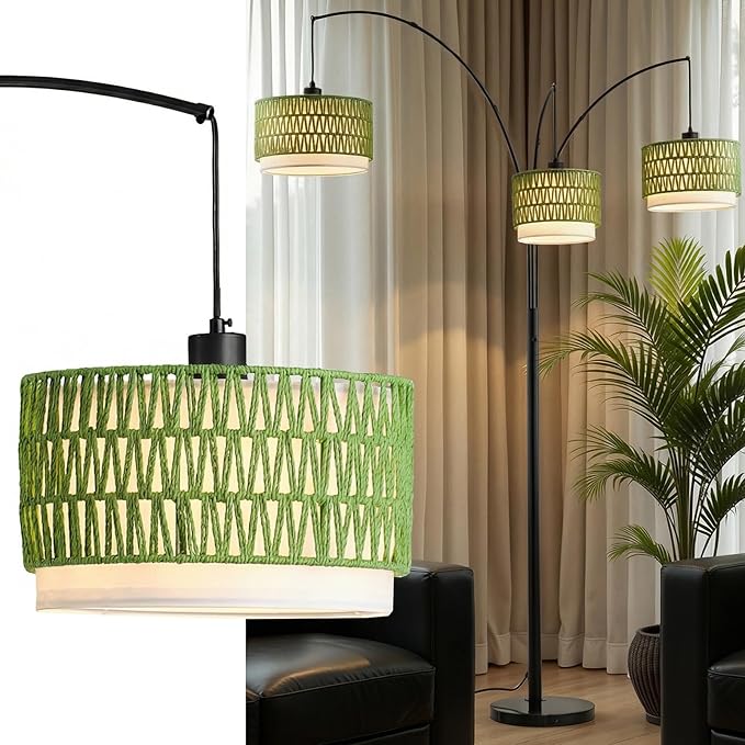 Rattan Floor Lamp for Living Room, 80 Inch Tall Boho Floor Lamp with Rotary Switch, 3 Lights Arc Lamp with Green Wicker Shade for Coastal,Bohemian,Tree Farmhouse Standing Lamp