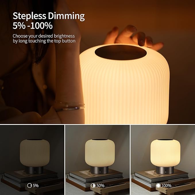 Aisilan Opal Glass Cordless Table Lamp, Touch Control & Motion Sensor, Stepless Dimmable Rechargeable Bedside Lamp for Bedroom & Living Room Decor