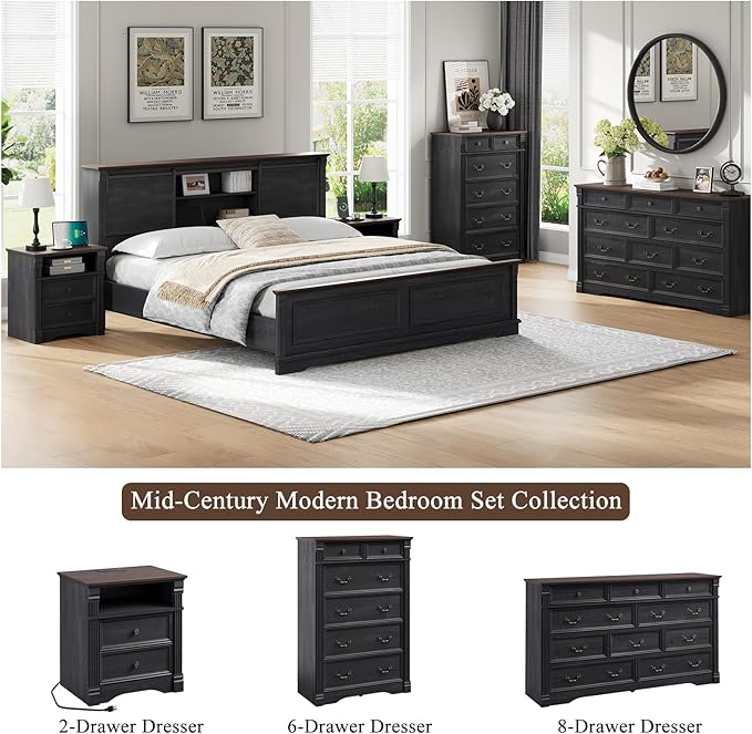 Black Nightstand with Charging Station, Side Table Storage Cabinet with 2 Drawers and Chic Wood Pilasters Design, Farmhouse Wood Bedside Table & End Table with Metal Handles for Bedroom, Living Room