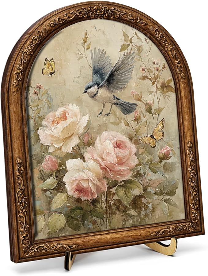 Vintage Floral Bird Oval Table Decor Sign Framed, Cottagecore Rose Floral Wall Art Sign, Retro Flower Bird Home Decor for Wall Bedroom Living Room Tabletop 8x10 Inch