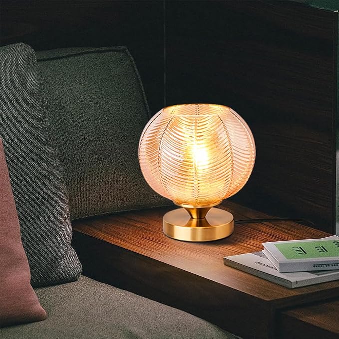 Mid-Century Modern Glass Table Lamp 3 Brightness Levels Dimmable Touch Control Desk Lights with Plug in Cord On/Off Switch, Globe Decor Nightstand Lamps for Bedroom Living Room Office (Amber)