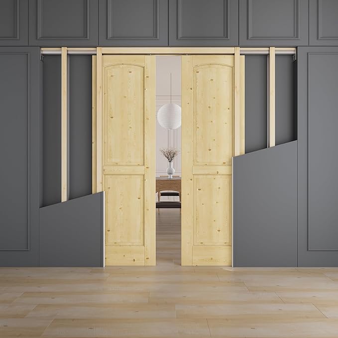 48" x 80" (Double 24" x 80") 2 Panel Arch Top All-Inclusive Soft Close & Solid Core Sliding Pocket Door, Pine Wood Door with Frame & Hardware Kit, Pocket Interior Doors for Home, Unfinished
