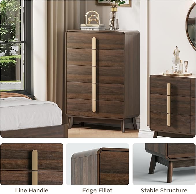 Mid Century Modern Bedroom Sets, 5 Drawer Dresser and Nightstand Sets for Bedroom, Night Stand Set 2 & 5 Drawer Dresser with Gold Handles, Wood Chest of Drawers Storage Cabinet Set, Walnut