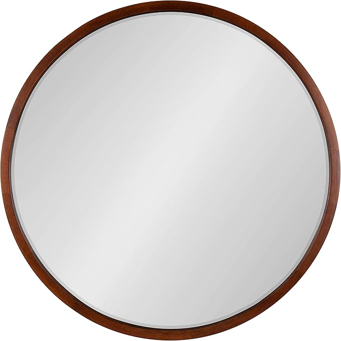 Kate and Laurel McLean Mid-Century Wood Framed Wall Mirror, 30 inch Diameter, Walnut Brown, Decorative Modern Round Mirror