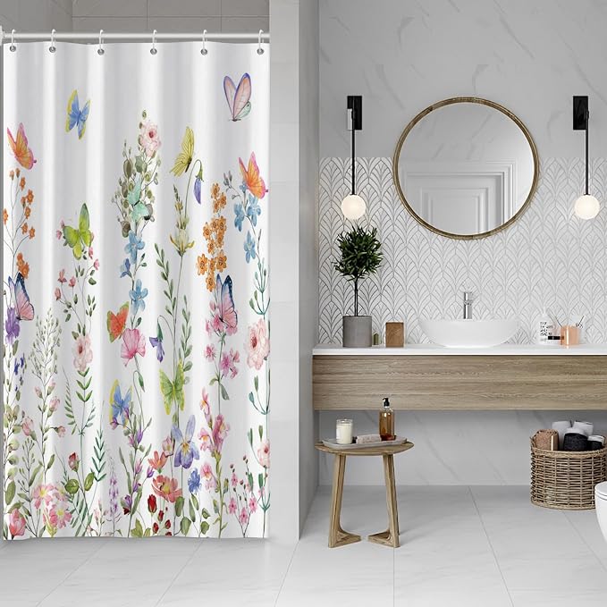 Spring Floral Butterfly Shower Curtain Summer Colorful Wildflowers Botanical Shower Curtain for Rustic Vintage Bathroom Decor Easter Shower Curtain Set 54x72 Inches