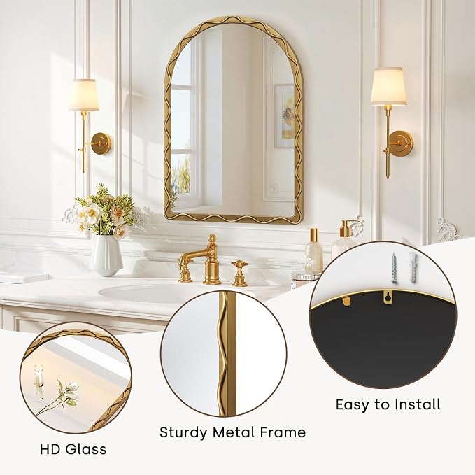 Uniclinens Vintage Arched Mirror Decor - Large Antique Gold Scalloped Mirror Decor with Metal Frame, Wavy Decor Mirror for Nursery,Entryway,Fireplace,Living Room,Hallway,Bathroom,24"X36"