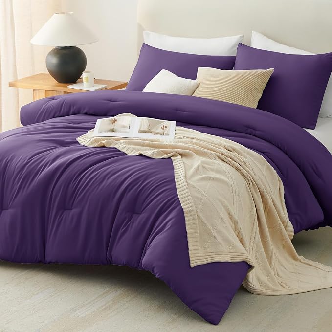CozyLux Queen Comforter Set Purple, 3 Pieces Lightweight Comforters Queen Size Quilted Bedding Sets, All Season Breathable Solid Down Alternative Comforter with 2 Pillowcases, Bed Set Gift for Home