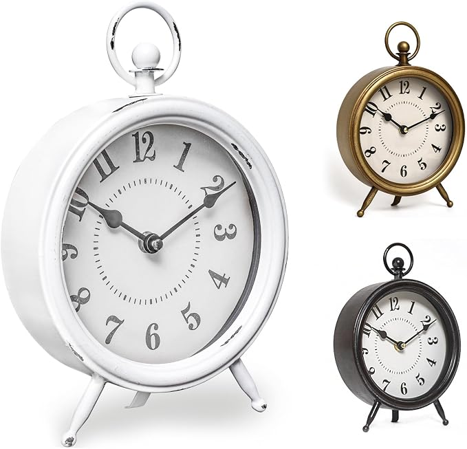 EMAX HOME Vintage Rustic White Table Clock on Stand, Decorative Desk & Shelf Clock, Rustic Mantel Farmhouse Non-Ticking