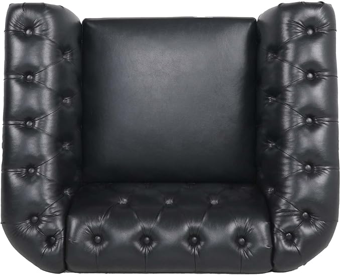 LEVNARY Leather Upholstered Armchair, Mid-Century Modern Single Sofa Chair with Rolled Arms and Nailhead, Tufted Pu Leather Chesterfield Chair for Home Bedroom Reading Room (Black)