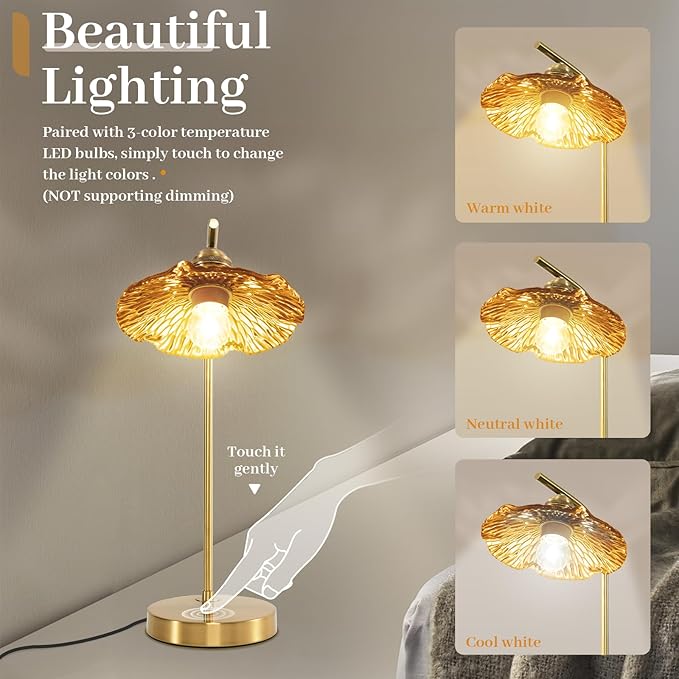 Modern Table Lamp Gold Table Lamp Mid Centry Table Lamps Touch Bedside Lamp Glass Bedside Lamp with Amber Flower Shade Vintage Desk Lamp Small Nightstand Lamps for Bedroom Living Room Office