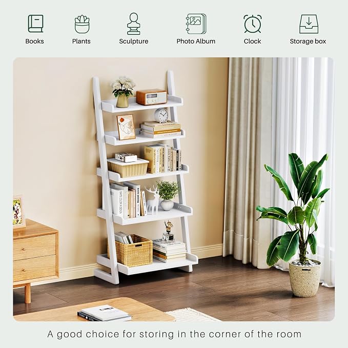 5-Tier Wooden White Ladder Shelf - Solid Wood Leaning Ladder Bookshelf Shelves Bookcase for Saving Space, 55" H Book Shelf for Living Room & Bedroom & Home Office
