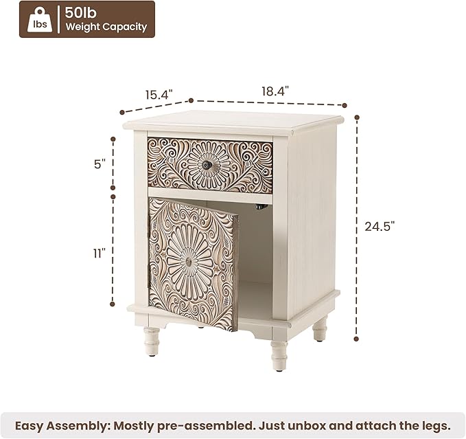 HOMPUS Night Stand Set 2, Vintage Nightstand with Storage, White Nightstand with Flower Pattern, Accent End Table, Bedside Table for Farmhouse, Bedroom, Light Grey Grain