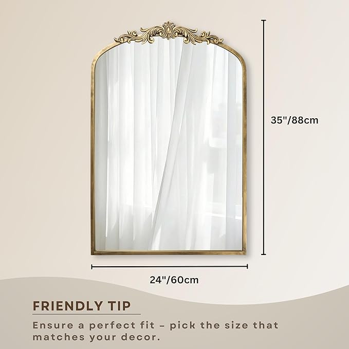 PERFNIQUE Vintage Mirror, 35" X 24" Arched Antique Baroque Wall Mirror, Gold Traditional Wall Decor, Ornate Decor Anthro Look Alike Furniture for Bathroom Living Room Fireplace Entryway Hallway